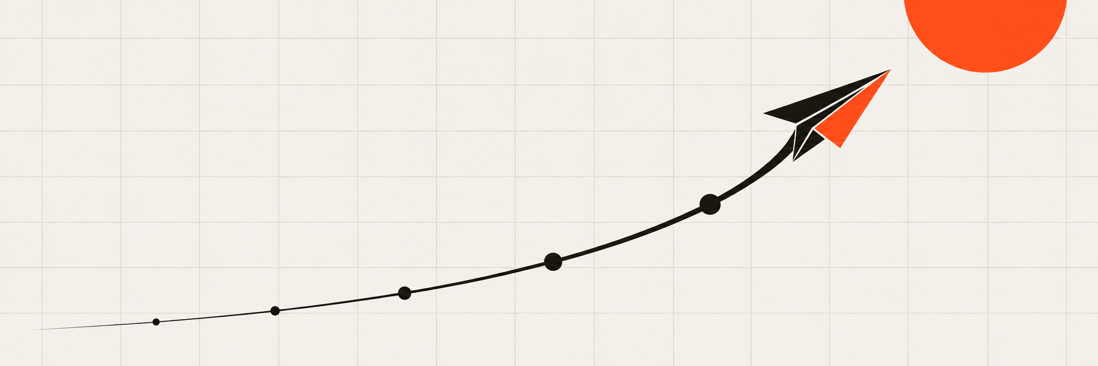 A paper plane climbing along a curve toward the sun